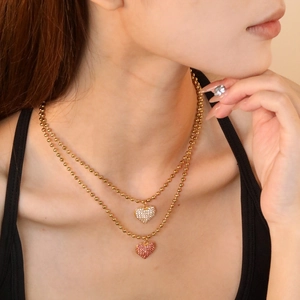 Heart Pendant Necklace Stainless Steel Rhinestone Encrusted Ball Chain Elegant Sweet Fashion Jewelry For Women