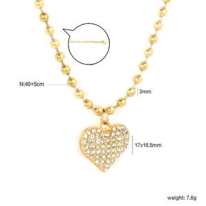 Elegant 18k gold plated stainless steel heart necklace with white stones and bead chain