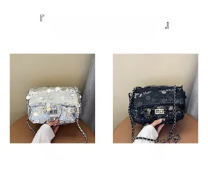 Detailed close-up of sequined flap crossbody bags in silver and black with chain straps