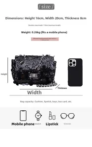 Size specifications of black sequin chain crossbody bag with phone size comparison