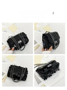 Detailed four-angle view of black sequined square crossbody bag with silver chain and lock