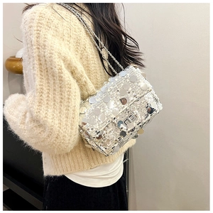 Close-up of sparkling sequin chain bag with metallic clasp and textured finish