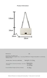 Size chart showing dimensions for a white quilted PU leather crossbody bag with chain