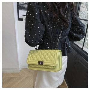 Close-up of light green quilted chain bag with silver twist lock and luxury finish