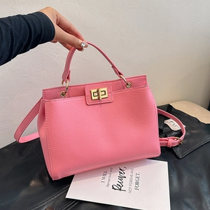Sac Bandoulière Femme Vintage en Cuir PU Grain de Litchi avec Verrou Doré Sac à Main Carré à Poignée