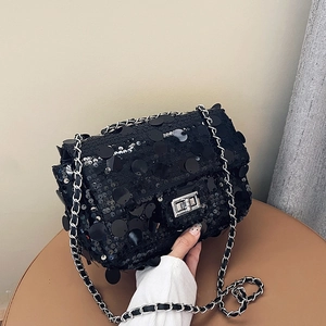 Fashion Women Sequin Chain Crossbody Bag PU Leather Small Square Bag With Metal Lock Party Shiny Shoulder Bag For Lady