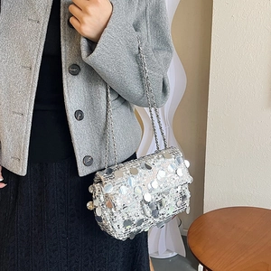 Silver sequin crossbody chain bag for women with shiny metallic finish and square buckle