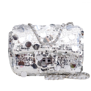 Silver sequin shoulder bag for women with chain strap and metallic flap closure