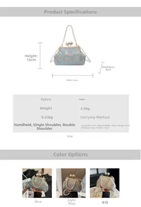 Detailed view of blue vintage embroidery bag with gold floral patterns and pearl handle