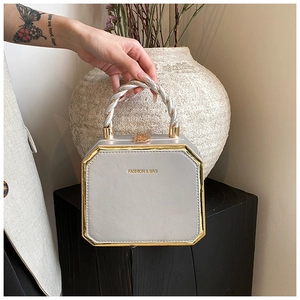 Detailed view of grey box bag featuring gold frame and silver twisted handle
