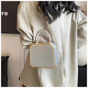 Detailed side view of silver square box bag with gold trim and twisted handle on a model
