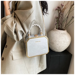 Close-up of silver-grey octagonal crossbody bag with gold metallic trim and twist handle