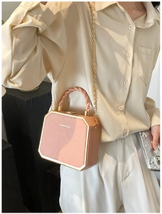 Detail of pink box bag with gold metal frame, braided handle and gold chain strap