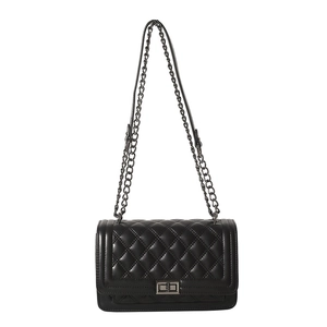Classic black quilted crossbody bag with silver twist lock and chain strap on white background