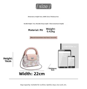 Size chart showing height 16cm, width 22cm and capacity for white PU quilted bucket bag