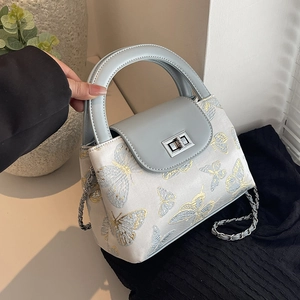 Butterfly Embroidery Jacquard PU Crossbody Bag With Chain Strap Top Handle Elegant Twist Lock Handbag For Women