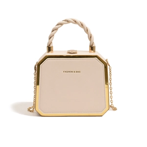 Octagonal cream box bag with gold metal frame and twisted rope handle for women