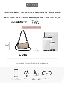 Detailed size guide of woven crossbody bag with beige fabric and black leather strap