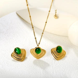 Vintage gold geometric jewelry set with green cat eye stone necklace and earrings