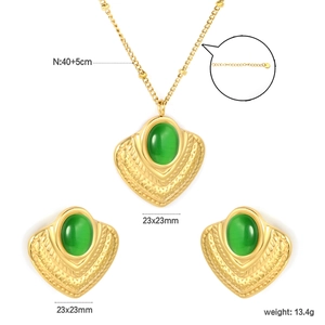 Detailed view of emerald cat eye stone necklace and earrings with product dimensions