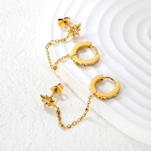 Gold chain earring set with sparkling star stud and crystal hoop in stainless steel