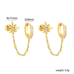 Golden stainless steel double-piercing earrings with sparkling star and chain detail