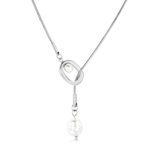 Collier élégant en acier inoxydable avec perle baroque et chaîne serpent argentée lisse