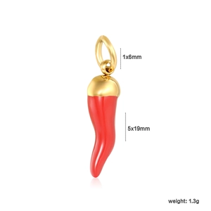 Macro shot of red enamel chili pendant with dimensions and 1.3g weight details