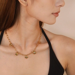 Stainless Steel Heart Pendant Necklace Trendy Link Chain Polished Charms Multi Heart Choker For Women
