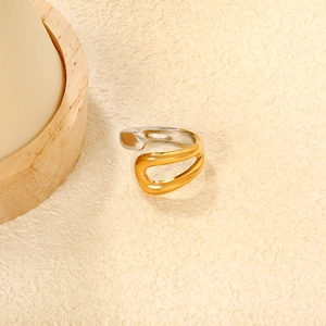 Minimalist bicolor stainless steel open ring with 18K gold plated geometric hollow design