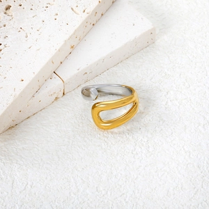 Minimalist bicolor open ring with irregular geometric curves in gold and silver finish