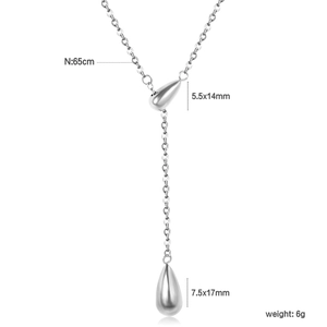 Detailed view of silver teardrop Y-necklace with chain length and pendant size specifications