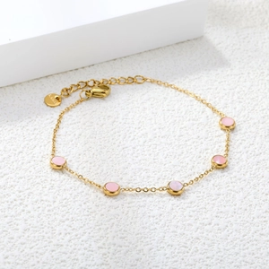 Elegant gold stainless steel chain bracelet with five pink mother of pearl discs
