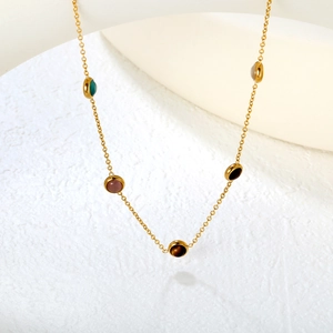 French style 18K gold-plated necklace with five colorful round cat-eye stones