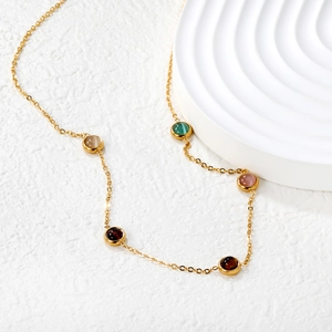 Elegant 18K gold plated stainless steel necklace featuring colorful cat eye stone pendants