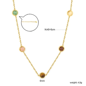French style 18K gold stainless steel necklace with five multi-color cat eye stone charms