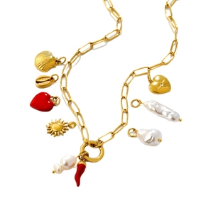 18K gold plated stainless steel necklace with shell charms and freshwater pearls