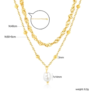 Details der zweilagigen Goldkette mit Wassertropfen-Perlenanhänger und Maßen