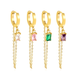 18K gold plated stainless steel chain tassel earrings with emerald cut zircon accents