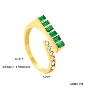 Detail view of emerald green and white zircon ring with 7.5mm width and size info