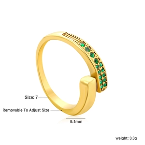 Detailed view of adjustable stainless steel ring with green zircons and size specifications