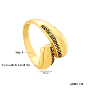 Detail view of gold adjustable ring with blue zircon stones and 13mm wide irregular band