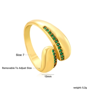 Detailed size specifications of an adjustable gold bypass ring with green zircon stones