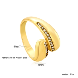 Detail of adjustable gold ring with pavé diamonds and geometric overlap design