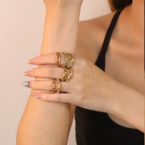 Stainless Steel Rings For Women French Retro Gold Plated Green Zircon Bamboo Irregular Twisted Wire Jewelry Accessory