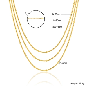 Three-layer gold stainless steel snake chain necklace with beads and length markings