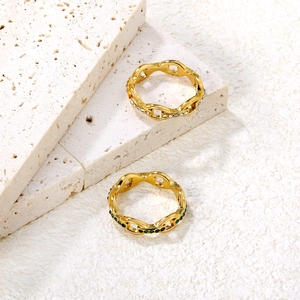 Luxury 18k gold plated stainless steel chain rings with green gem and white zircons