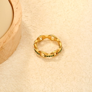 French vintage style irregular gold hollow ring with emerald green zircon paving