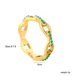 18k gold plated stainless steel chain ring with green zirconia stones 5mm width