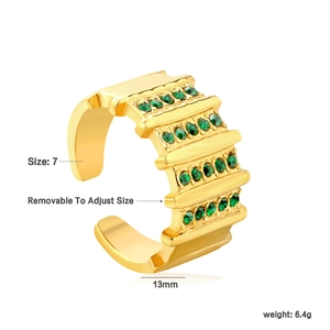 Detail of 13mm wide gold stainless steel ring with emerald green crystals and 6.4g weight